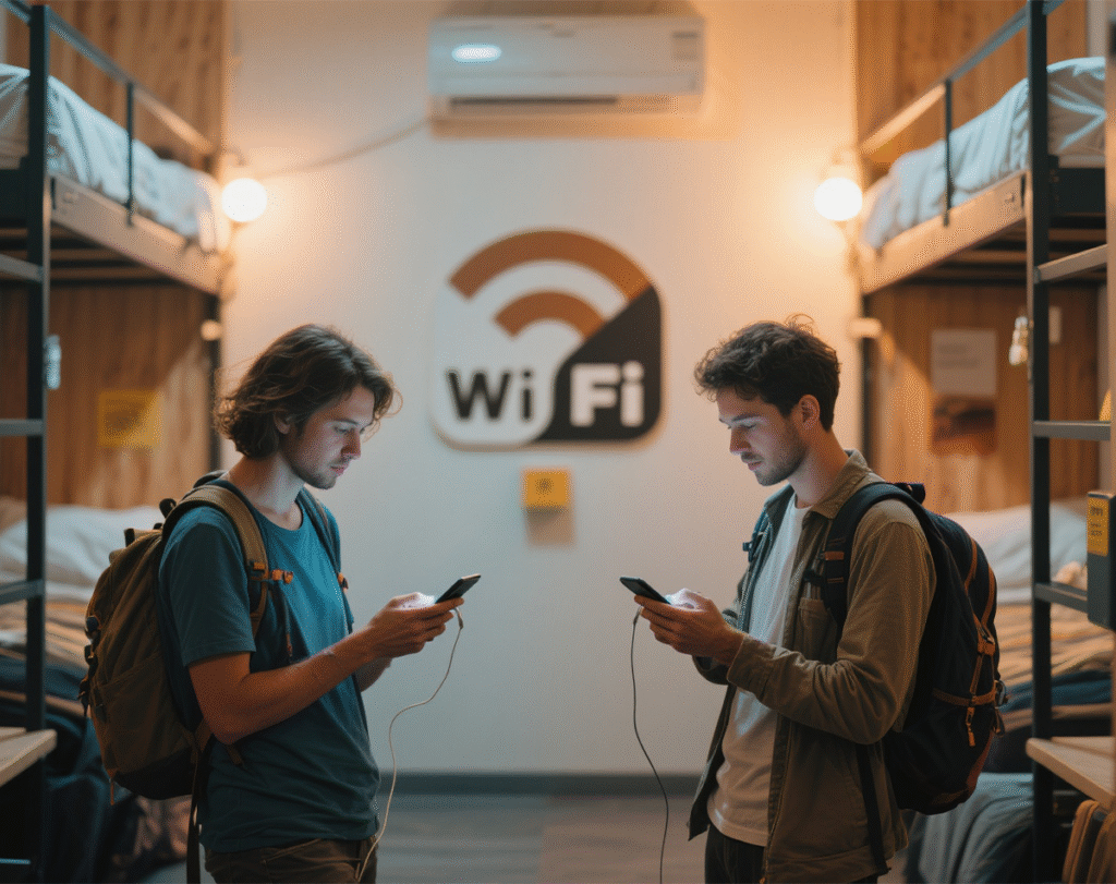 Amigos en hosta conectandose a wifi